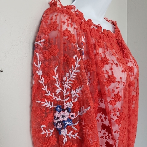 Free People Women's Jubilee Medium Coral Lace Long Sleeve Blouse Embroidered Top - Picture 6 of 10